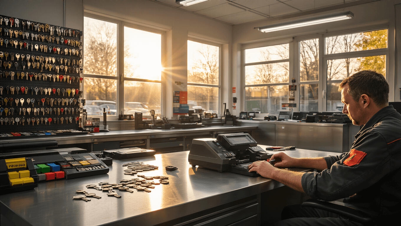 Sleutelkopiëren in Zoetermeer: Alles Wat Je Moet Weten Hyperrealistisch, brede hoekfoto van een moderne sleutelkopieerwerkplaats in Zoetermeer met een L-vormige roestvrijstalen werkbank, kleurrijke sleutelprofielen, hightech apparatuur en warm ochtendlicht dat dynamische schaduwen werpt.
