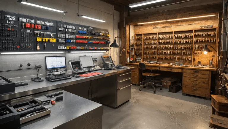 Een fotorealistisch beeld van een hybride sleutelservicewerkplaats met moderne en vintage elementen, met een R-vormige roestvrijstalen werkbank, een moderne sleutelbeheersysteem aan de linkerwand en een gezellige vintage werkhoek met traditionele gereedschappen en koperen sleutelrekken.