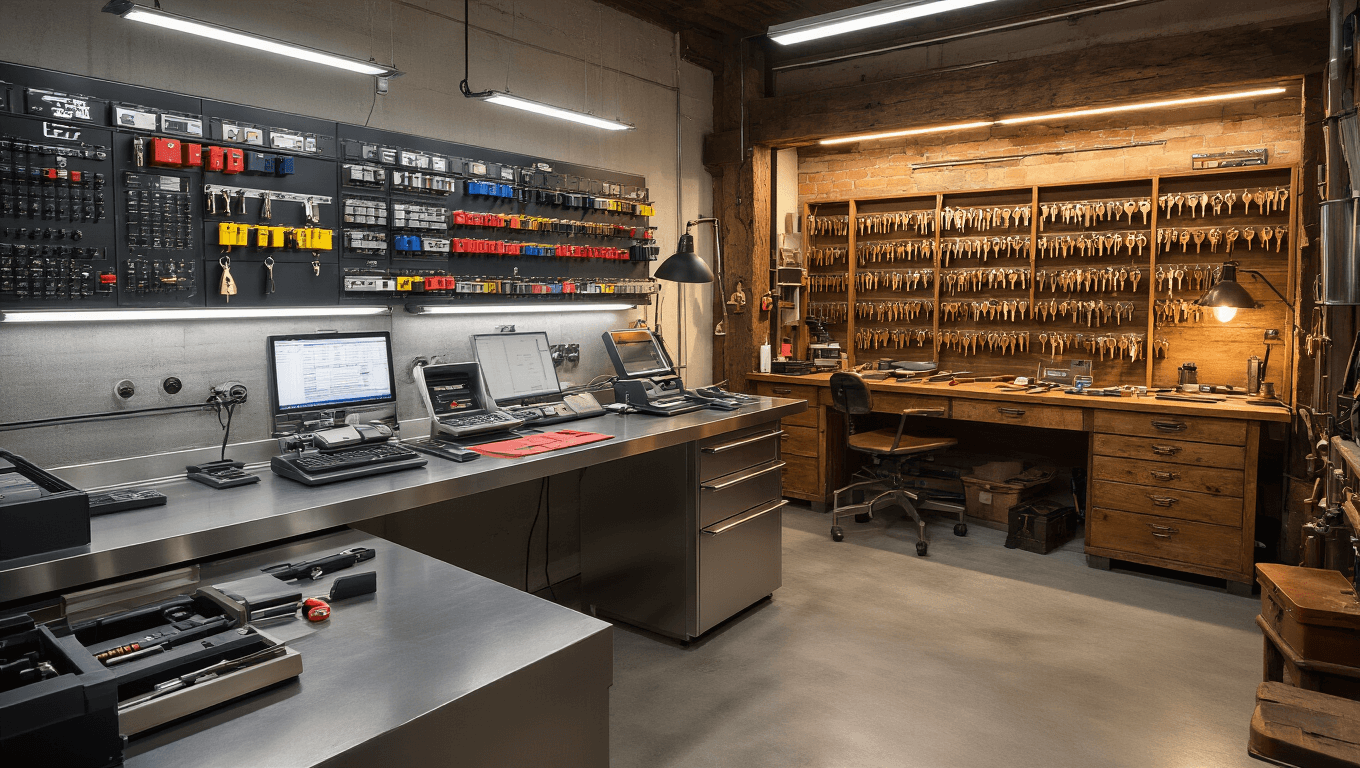 Een fotorealistisch beeld van een hybride sleutelservicewerkplaats met moderne en vintage elementen, met een R-vormige roestvrijstalen werkbank, een moderne sleutelbeheersysteem aan de linkerwand en een gezellige vintage werkhoek met traditionele gereedschappen en koperen sleutelrekken.