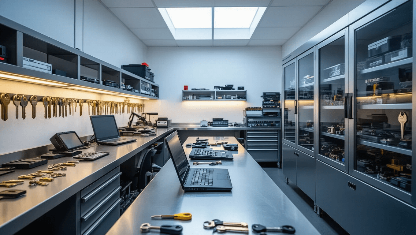 Fotorealistische afbeelding van een moderne sleutelwerkplaats in Maassluis met een L-vormige roestvrijstalen werkbank, auto sleutels, precisiegereedschap en diagnostische apparatuur, verlicht door warme LED- en natuurlijk licht via een lichtkoepel. In de voortgrond een gespecialiseerde auto sleutel programmeringsstation met open laptop en gedeeltelijk gedemonteerde autosleutels.