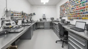 Photorealistisch beeld van een moderne slotenmakerij in Schiedam, Nederland, met een L-vormige roestvrijstalen werkbank, key-cutting machines, kleurrijke sleutelblanks, een glasdisplay met slimme sleutels, en een uniformed slotenmaker aan het werk.
