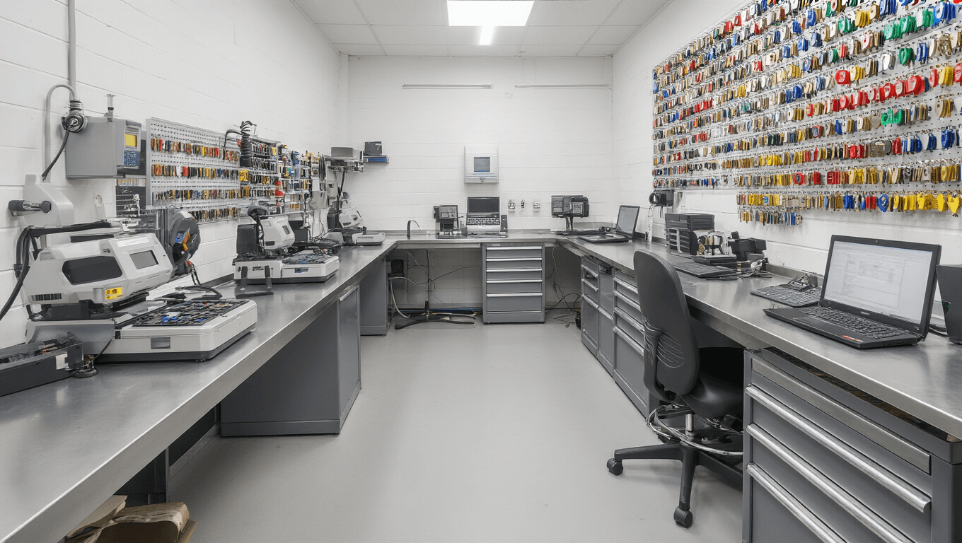 Photorealistisch beeld van een moderne slotenmakerij in Schiedam, Nederland, met een L-vormige roestvrijstalen werkbank, key-cutting machines, kleurrijke sleutelblanks, een glasdisplay met slimme sleutels, en een uniformed slotenmaker aan het werk.