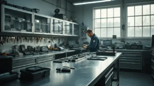 Hyperrealistisch beeld van een moderne autoslotmakerij met een U-vormige roestvrijstalen werkbank, gevulde glazen vitrines met autosleutels, en een slotenmaker aan het werk in een sfeer van zachte ochtendlicht.