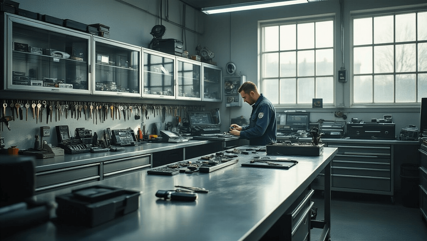 Autosleutel Kwijt? Zo Kom Je Snel En Goedkoop Weer Op Weg Hyperrealistisch beeld van een moderne autoslotmakerij met een U-vormige roestvrijstalen werkbank, gevulde glazen vitrines met autosleutels, en een slotenmaker aan het werk in een sfeer van zachte ochtendlicht.