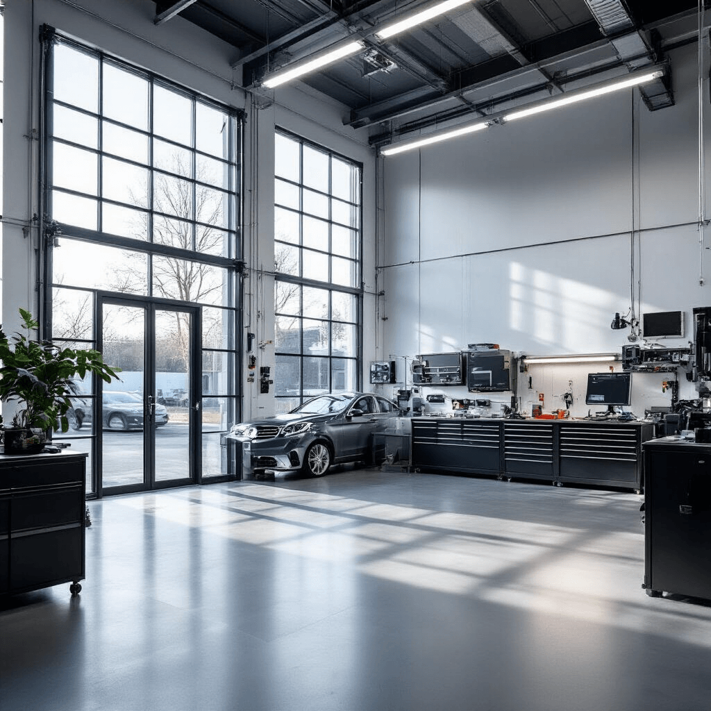 Wat te doen als je Mercedes-Benz autosleutel kwijt is: Complete Gids Fotorealistisch interieur van een moderne Mercedes-Benz sleutelservice werkplaats, met een RVS werkbank, gereedschapskasten, en Mercedes-sleutels in verschillende stadia, verlicht door natuurlijk licht en heldere LED-verlichting.