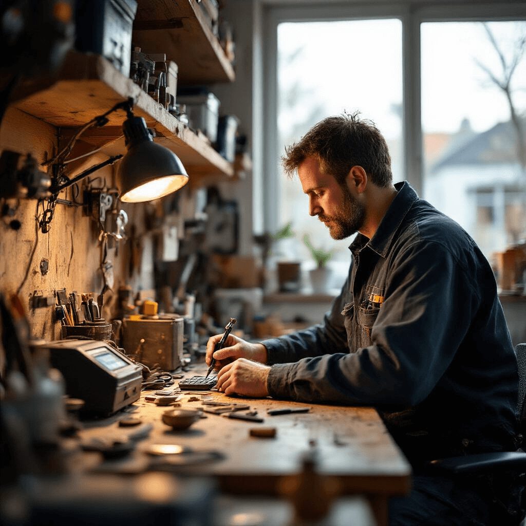 Wat te doen als je Mercedes-Benz autosleutel kwijt is: Complete Gids Close-up van een sleutelspecialist werkstation met Mercedes-sleutelhuizen, soldeergereedschap en een transponderprogrammaapparaat, verlicht door warm diffuus licht vanuit een noordelijk raam.