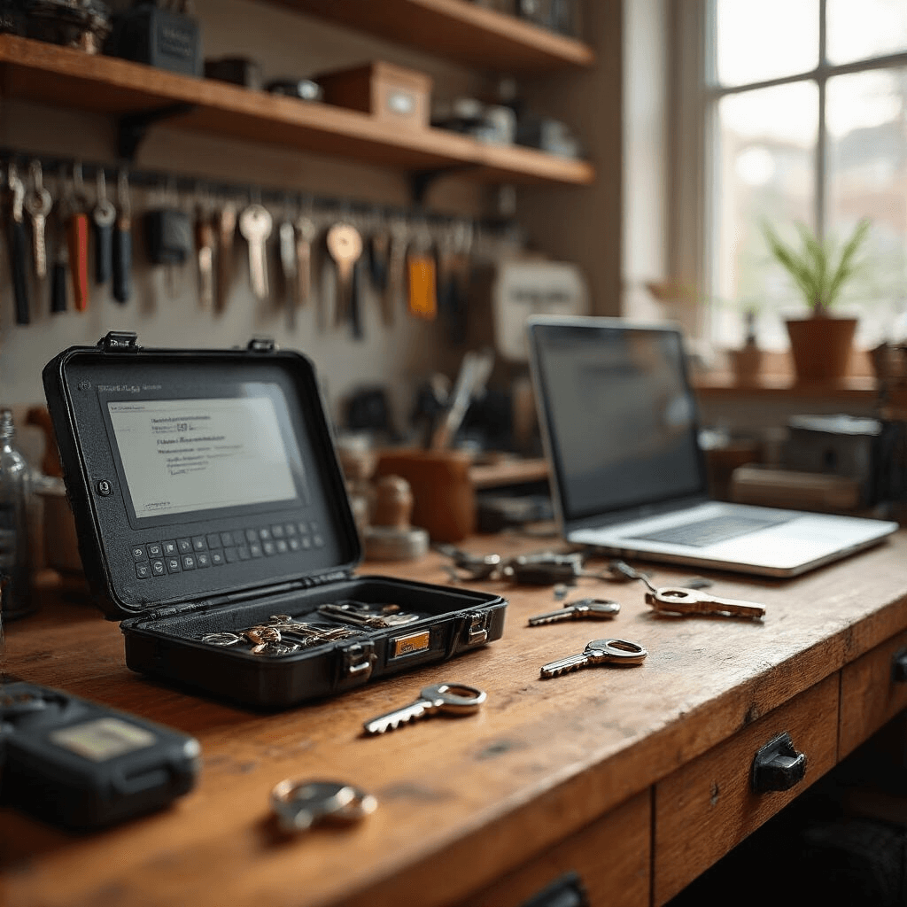 Transpondersleutel: De Slimme Oplossing voor Moderne Beveiliging Intieme close-up van een sleutelspecialist werkbank met precisie-instrumenten, een geopende keyless entry sleutelbehuizing en een laptop met een programmeeradapter, omringd door geordende laden met automotive sleutelrohlingen en elektronische componenten, verlicht door warm zijlicht.