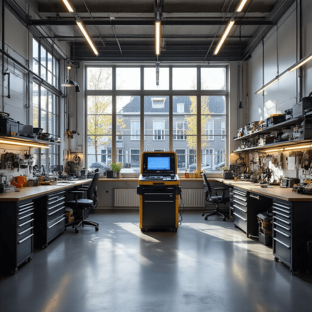 Autosleutel Bijmaken in Leiden: Alles Wat Je Moet Weten Fotorealistisch interieur van een moderne autosleutel-werkplaats met industriële betonnen vloer, witte getegelde wanden en gouden middaglicht dat door grote ramen stroomt. Centraal een sleutelprogrammeerunit met blauw LCD-display, omringd door antraciet metalen gereedschapskasten. Werkbank aan de rechterkant toont transponder chips en autoremotes. Kleurenpalet van industrieel grijs, warm hout en technisch blauw, met handleidingen van automerken aan de linkerwand. Opgenomen vanuit een drie-kwart hoek op 1,5 meter hoogte.