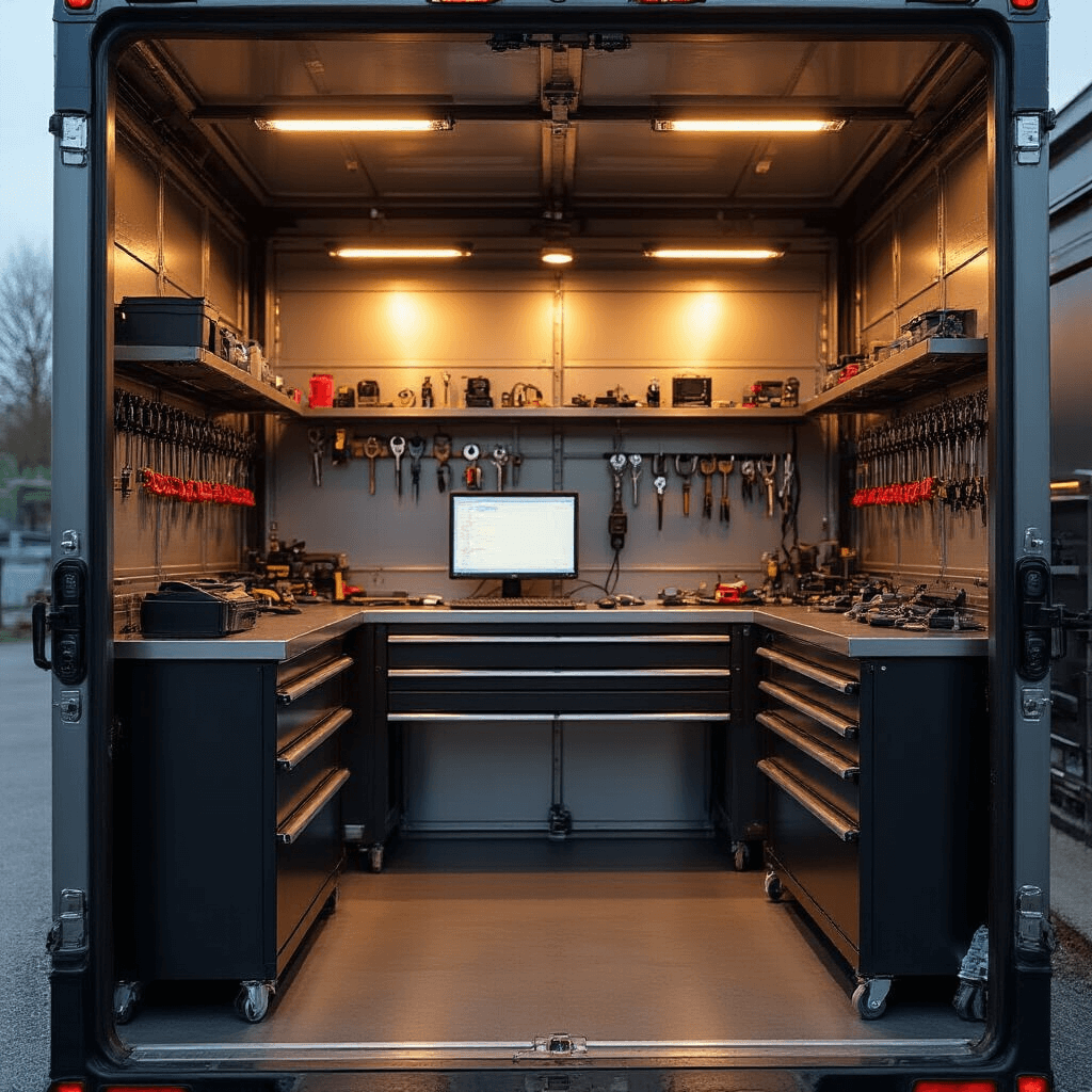 Autosleutel Bijmaken in Leiden: Alles Wat Je Moet Weten Gedetailleerd interieur van een mobiele autosleutelservice met een centrale werkbank en geordende materialen, warm verlicht in een compacte ruimte.