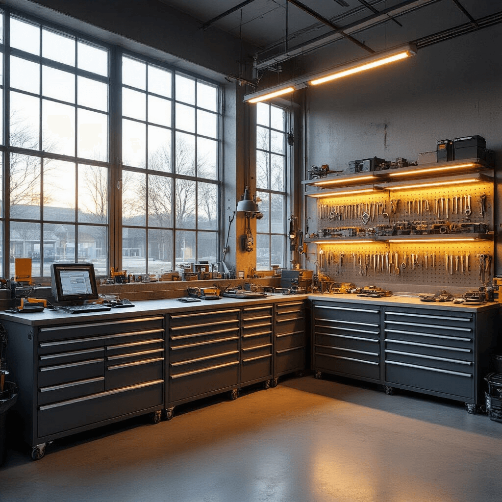 Autosleutelbatterij Vervangen: Alles Wat Je Moet Weten Fotorealistisch interieur van een moderne sleutelservice werkplaats met warme LED-verlichting, centrale werkbank van geborsteld staal, georganiseerde batterijen, programmeerapparaat voor transponders en gereedschapskast, in een industrieel grijs decor met autosleutels en een rubberen werkblad.