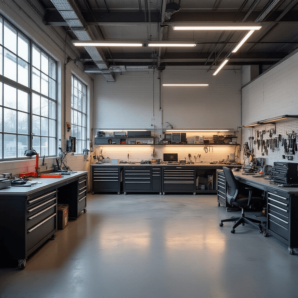 Auto Accu Vervangen: Een Stapsgewijze Handleiding voor Beginners Moderne autosleutelservice werkplaats met industriële betonnen vloer, witte muren en een centrale RVS werkbank, belicht door ochtendlicht en LED-strips, inclusief georganiseerde gereedschapswanden en kleurgecodeerde kasten.