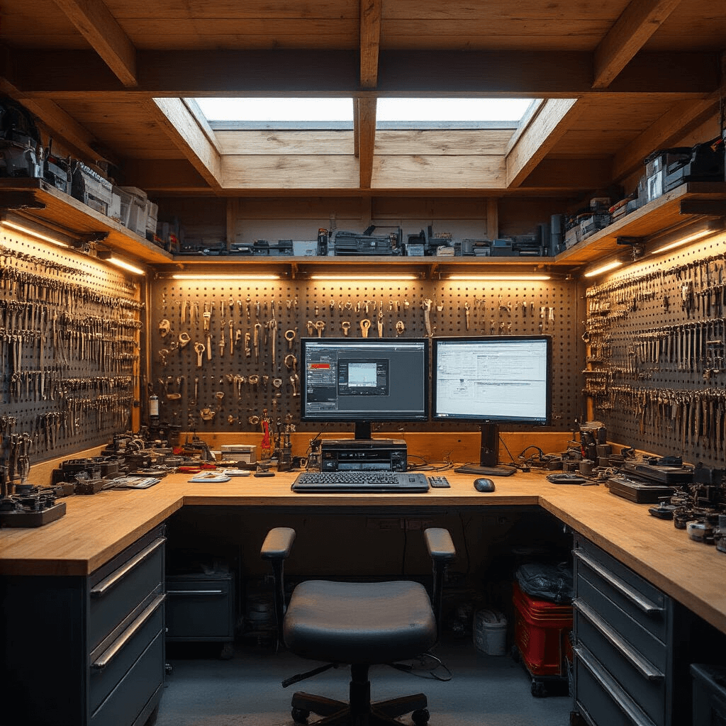 Auto Accu Vervangen: Een Stapsgewijze Handleiding voor Beginners Gedetailleerd fotorealistisch beeld van een autosleutel-reparatiewerkplaats met eiken werkbladen, antraciet metalen kasten, en een professioneel transponder-programmeerstation, omgeven door precisie-instrumenten en gestructureerde onderdelenspecificaties. Dramatisch licht valt door verticale lamellen, met een kleurenpalet van donkerblauw, zilver-grijs en warme LED-accenten.