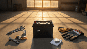 Cinematische overheadshot van een nette autowerkplaats met een nieuwe accu in het middelpunt, omringd door professioneel gereedschap en sfeervolle verlichting, op een schone betonnen vloer.