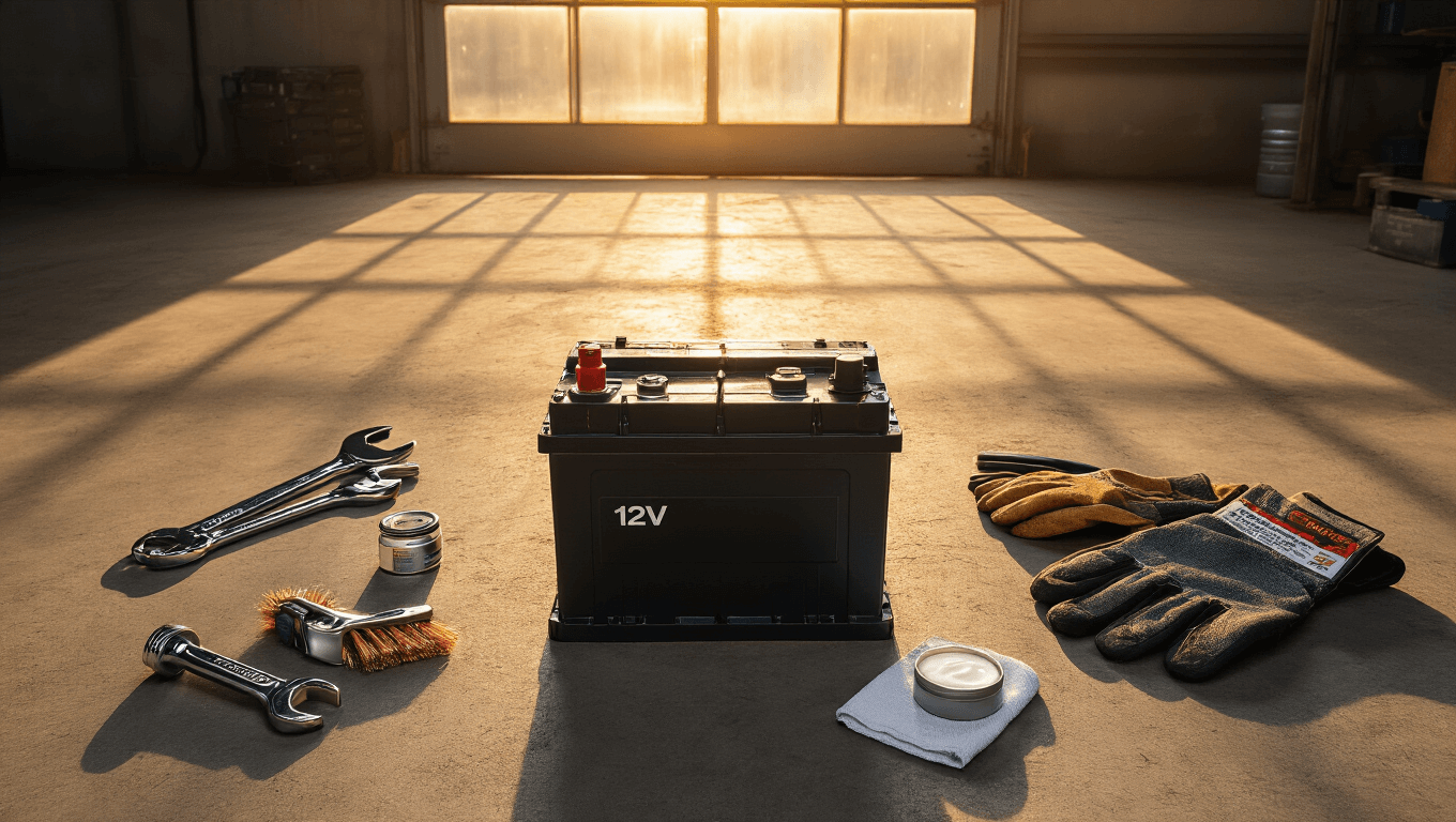 Auto Accu Vervangen: Een Stapsgewijze Handleiding voor Beginners Cinematische overheadshot van een nette autowerkplaats met een nieuwe accu in het middelpunt, omringd door professioneel gereedschap en sfeervolle verlichting, op een schone betonnen vloer.