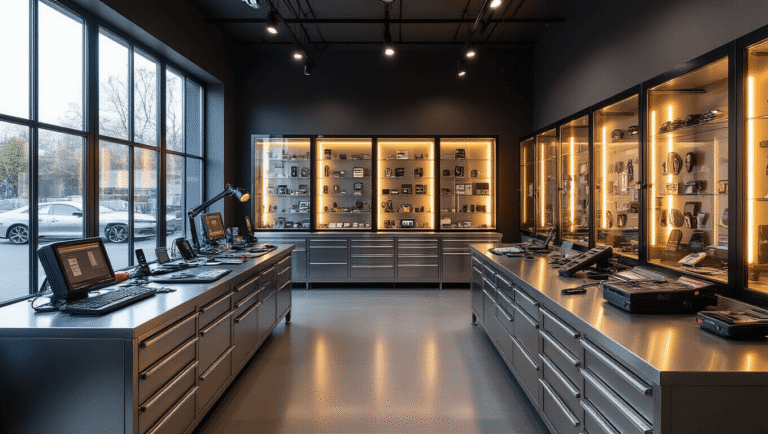 Afstandbediening Autosleutel: Alles Wat Je Moet Weten Hypergedetailleerde afbeelding van een moderne autosleutelwerkplaats met een L-vormige roestvrijstalen werkbank, hightech diagnostische apparatuur, en warm LED-verlichting. Een technicus onderzoekt zorgvuldig een gedemonteerde sleutel fob onder een digitale microscoop.