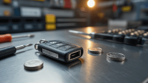 Cinematische close-up van een moderne autosleutelservicewerkplaats met een open autosleutelfob, CR2032-batterijcompartiment in scherp focus, omringd door precisie-tools zoals een kleine schroevendraaier en munt, nieuwe zilveren knoopbatterijen op een strak roestvrijstalen werkoppervlak, warme LED-verlichting en een zacht vervaagde achtergrond van georganiseerd gereedschap.