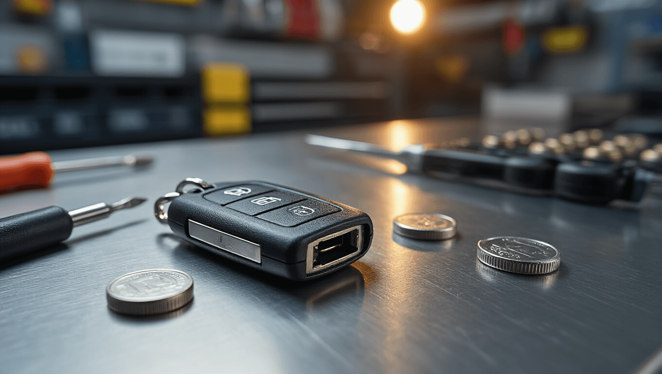 Autosleutelbatterij Vervangen: Alles Wat Je Moet Weten Cinematische close-up van een moderne autosleutelservicewerkplaats met een open autosleutelfob, CR2032-batterijcompartiment in scherp focus, omringd door precisie-tools zoals een kleine schroevendraaier en munt, nieuwe zilveren knoopbatterijen op een strak roestvrijstalen werkoppervlak, warme LED-verlichting en een zacht vervaagde achtergrond van georganiseerd gereedschap.