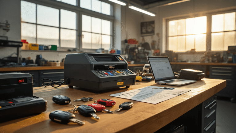 Autosleutel Bijmaken met Afstandsbediening: Alles Wat Je Moet Weten Moderne autosleutelduplicatieservice in een goed verlichte werkplaats, met een sleutelsnijmachine, kleurrijke autosleutels, transponderchips en precisiegereedschap op een robuuste eiken werkbank.