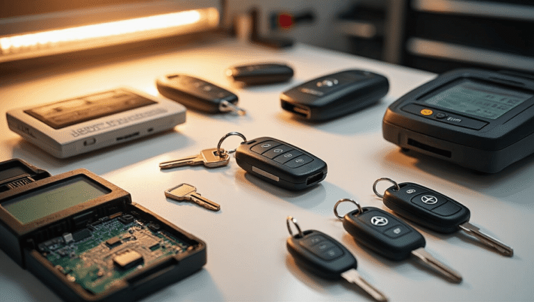 Autosleutel Bijmaken met Startonderbreker: Alles Wat Je Moet Weten Cinematisch close-up van een moderne autosleutelprogrammeerwerkplek met transponderchips, OBD-diagnosetools, een precisiesleutelsnijdmachine, verschillende autosleutels en warm licht dat door frosted glaspanelen straalt, met een focus op een gedeeltelijk gedemonteerde sleutelbehuizing en een soldeerstation.
