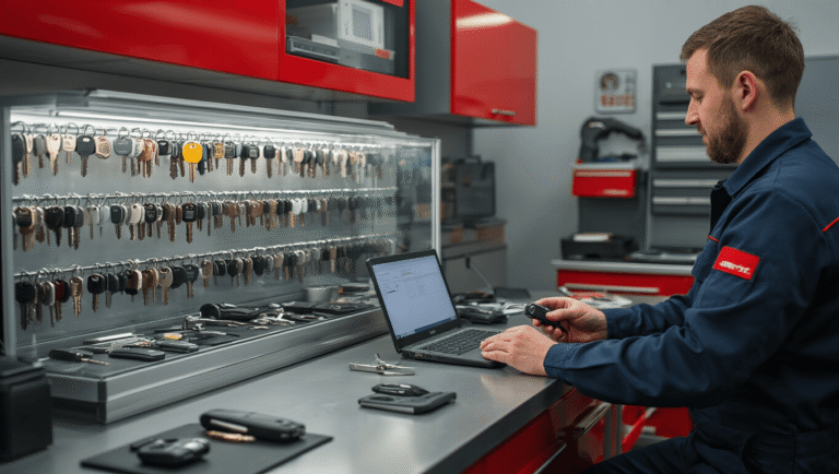 Autosleutel Kwijt in Rotterdam? Snelle Oplossing Binnen 30 Minuten Fotorealistische afbeelding van een moderne autosleutelwerkplaats in Rotterdam met een L-vormige roestvrijstalen werkbank, glazen vitrinekast vol met autosleutels, een professionele slotenmaker in uniform die een nieuwe autosleutel programmeert, en een tevreden klant die hun sleutel ontvangt.