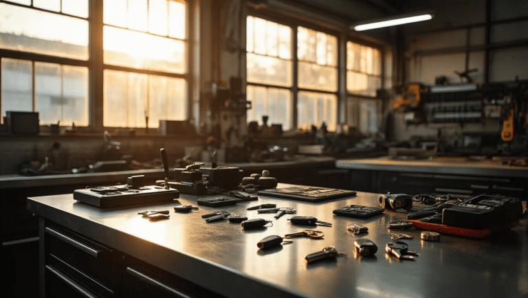 Autosleutel met Afstandsbediening Bijmaken in Den Haag: Alles Wat Je Moet Weten Cinematische wide shot van een professionele autosleutelspecialist werkplaats in Den Haag met een centraal roestvrijstalen werkblad, georganiseerd diagnostisch apparatuur, transponderchips en sleutelsnijmachines, verlicht door warm ochtendlicht.