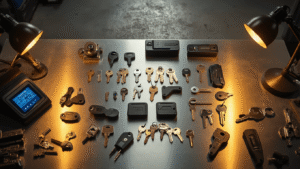 Cinematische opname van een moderne automobielslotenmakerij, met een geborsteld aluminium werkbank, diverse autosleutels en precisiesnijgereedschap, warm goudkleurig LED-licht en een sfeer die vakmanschap en professionele expertise uitstraalt.