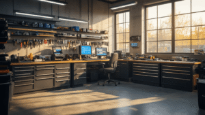 Moderne autolocksmith werkplaats met een sleutelprogramma station, transponderchips en gereedschap op een industriële betonvloer, verlicht door warm gouden middaglicht.