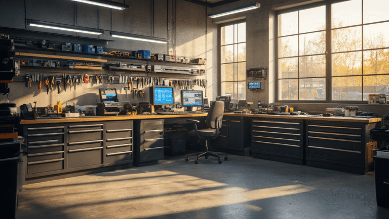 Autosleutel Bijmaken in Leiden: Alles Wat Je Moet Weten Moderne autolocksmith werkplaats met een sleutelprogramma station, transponderchips en gereedschap op een industriële betonvloer, verlicht door warm gouden middaglicht.