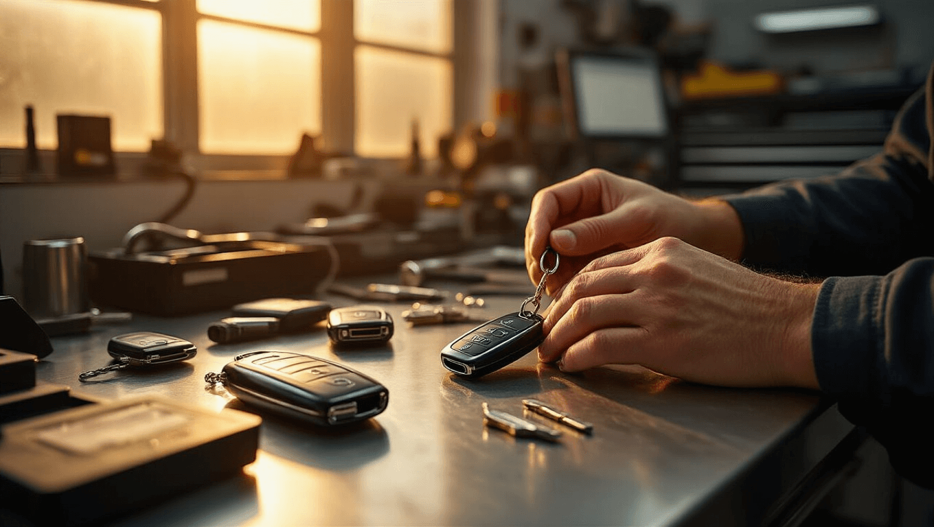 Close-up van een Mercedes sleutelvervangingswerkplaats met een gepolijste roestvrijstalen werkbank, verspreide sleutels, programmeerapparatuur en precisiegereedschap, verlicht door een warme gouden uurlamp.