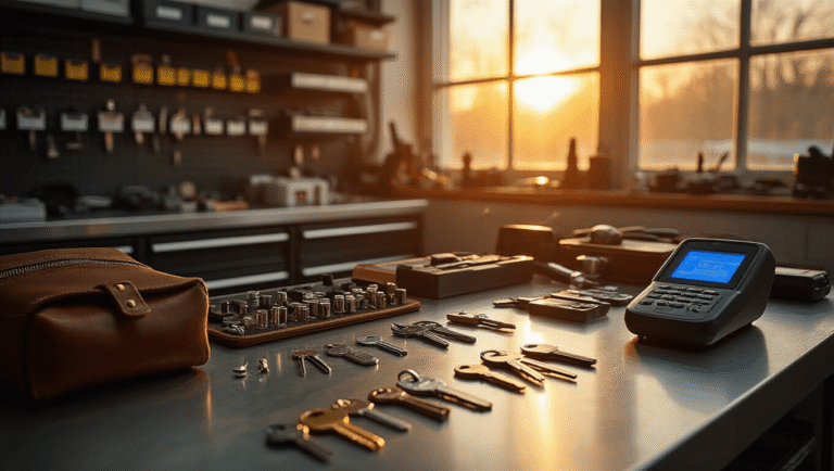 Autodeur Gaat Niet Open? Zo Los Je Het Op! Een close-up van de werkruimte van een moderne autoslotenmaker, verlicht door warm laatmiddaglicht. Op een roestvrijstalen werkbank liggen precisiegereedschappen en transponderchips. Een geavanceerd sleutelprogrammeertoestel met een blauwe display en een stijlvolle leren gereedschapshouder zijn zichtbaar. De achtergrond toont georganiseerde kasten met transpondercomponenten en sleutelblanks, terwijl een koffiemok subtiel stoom afgeeft.