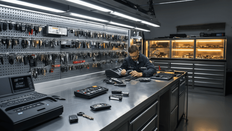 Alles wat je moet weten over de autosleutel met afstandsbediening Fotonagy afbeelding van een moderne autosleutelwerkplaats met een L-vormige roestvrijstalen werkbank, LED-verlichting en geavanceerde sleutelprogrammeerapparatuur. Technicus aan het werk met een autosleutel, omringd door digitale apparaten en gespecialiseerde gereedschappen.