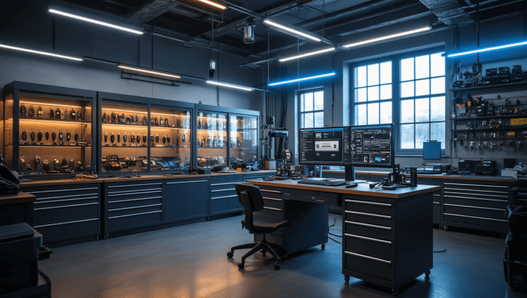 Autosleutels Vergeten in Den Haag? Hier is Jouw Reddings Plan! Fotorealistische afbeelding van een moderne autosleutels werkplaats met hightech apparatuur, verlicht door warme industriële LED-verlichting. Een geavanceerde programmeringswerkbank met een computermonitor en glazen vitrines vol lege autosleutels. Het interieur straalt professionaliteit en ambacht uit met een combinatie van natuurlijk daglicht en blauwe LED-accentverlichting.