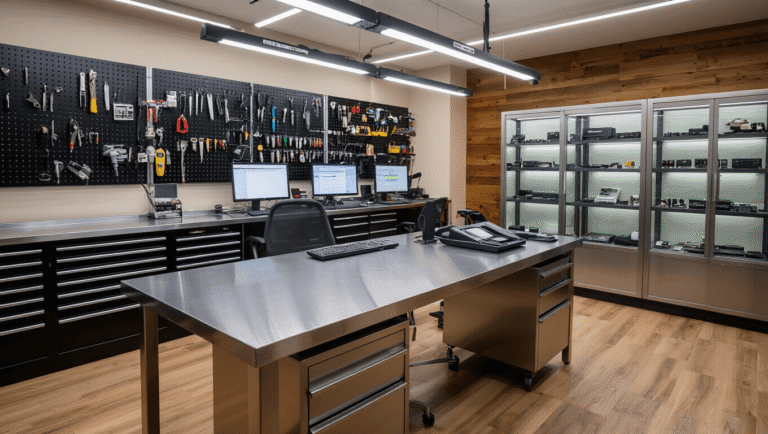 Autosleutel Bijmaken in Den Haag: Alles Wat Je Moet Weten Photorealistisch beeld van een moderne autosleutelwerkplaats, met een L-vormige roestvrijstalen werkbank, professionele gereedschappen, georganiseerde gereedschapsborden, glazen kasten met autosleutels, warme ambiance door houten accenten en een computerstation op de achtergrond.
