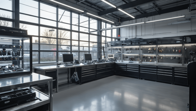 Autosleutel met Afstandsbediening: Wat Kost Dat Precies? Hypergedetailleerd interieur van een moderne autosleutels werkplaats met hoogtechnologische apparatuur, een L-vormige roestvrijstalen werktafel, diagnostische computers en sleutelsnijmachine, verlicht door natuurlijk licht en strakke LED-verlichting.