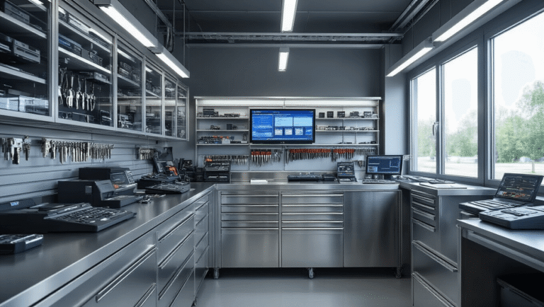 Autosleutel bijmaken in Den Haag: Alles wat je moet weten Fotorealistische afbeelding van een moderne autosleutelwerkplaats met een L-vormige geborstelde roestvrijstalen werkbank, high-tech sleutelknip- en programmeringsapparaten, een muur met chroomkleurige sleutels in nette rijen, glazen kasten met elektronische componenten en gereedschappen, verlicht door natuurlijk daglicht en LED-spots, in een kleurenpalet van koele grijzen, metallic zilvers en elektronische blauwe accenten.