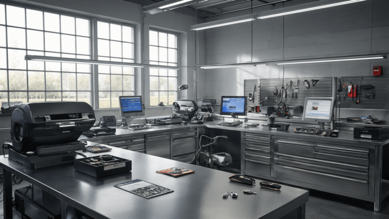 Renault Autosleutel Kwijt? Zo Regel Je Snel Een Nieuwe Sleutel Een gedetailleerd beeld van een moderne autostoelsleutel vervangingswerkplaats met een L-vormige roestvrijstalen werkbank, uitgerust met sleutelknipmachines en diagnostische schermen. Een technicus programmeert een nieuwe Renault-sleutelkaart te midden van geavanceerde apparatuur. Een glazen wand laat natuurlijk licht binnen terwijl een verlichte vitrine diverse autosleutels en fobs toont, met een mix van oude en nieuwe technologieën op de achtergrond.