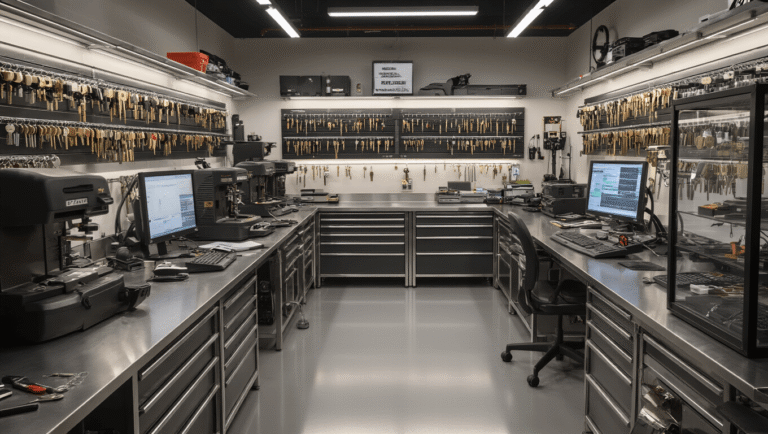 Sleutels Bijmaken in Rotterdam: Alles Wat Je Moet Weten Fotorealistisch beeld van een moderne sleutelservice werkplaatsinterieur met een L-vormige roestvrijstalen werkbank, gevuld met sleutel-snijdmachines en diagnostische apparatuur, georganiseerde sleutelrekken en kasten aan de muren, en een technologie-programmeerstation in de hoek, omringd door computerschermen, onder warme witte LED-verlichting.