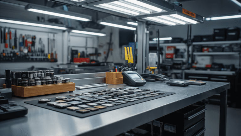 Autosleutelbatterijen: Alles Wat Je Moet Weten Hypergedetailleerde afbeelding van een moderne autosleutelservicewerkplaats met een batterijvervangingsstation, inclusief een roestvrijstalen werkbank, georganiseerd met batterijen en precisie gereedschap, verlicht door heldere LED-verlichting.