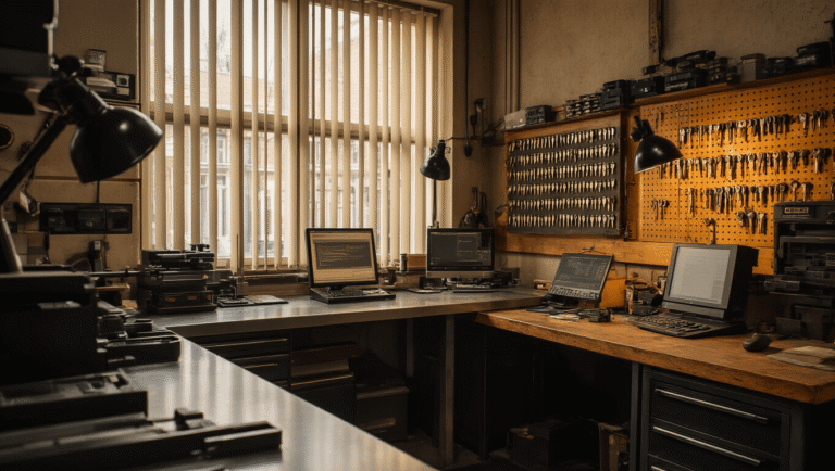 Sleutels Bijmaken in Rotterdam: Alles Wat Je Moet Weten Professionele slotenmakerij in Rotterdam met moderne technologie en vintage elementen, inclusief een L-vormige roestvrijstalen werkbank en klassieke houten werkbank, sfeervol verlicht met natuurlijk licht.