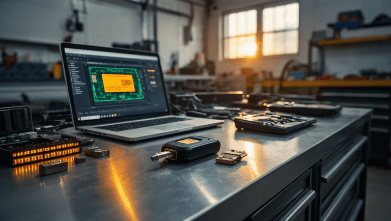 Transpondersleutel: De Slimme Oplossing voor Moderne Beveiliging Close-up van een professionele sleutelmaker workstation met een moderne transponder sleutelen, omringd door precisie programmeertools en diagnostische apparatuur, op een geborsteld metalen oppervlak, onder warm LED-licht.