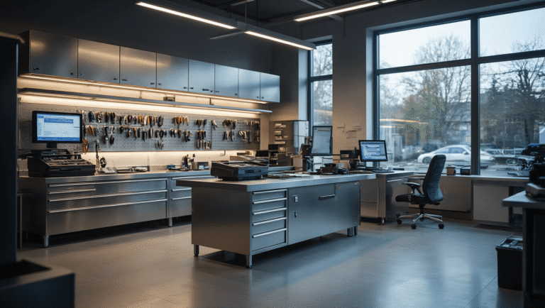 Opel Autosleutel Bijmaken: Alles Wat Je Moet Weten Fotorealistisch beeld van een moderne autosleutelservice werkplaats, met een L-vormige werkbank van geborsteld roestvrij staal, diagnoseapparatuur en een technicus die een sleutel programmeert.