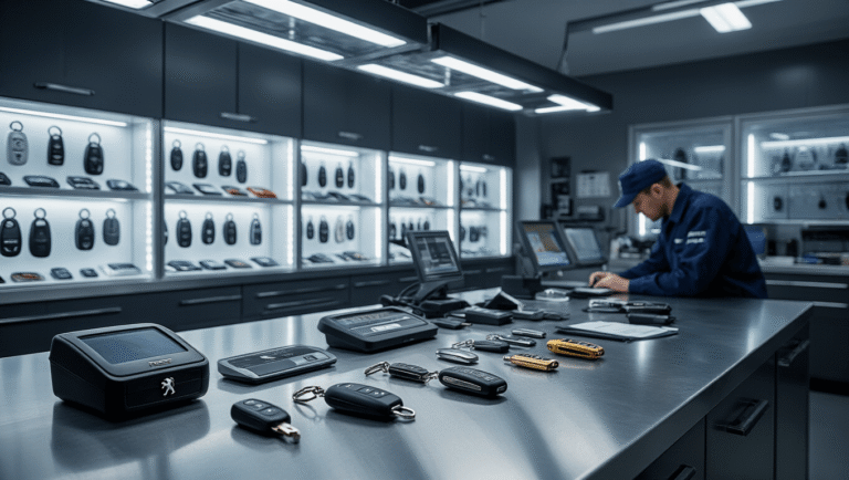 Peugeot Autosleutel Vervangen: Alles Wat Je Moet Weten Hyperrealistisch beeld van een moderne Peugeot sleutelvervangingswerkplaats met een roestvrijstalen werkbank, geavanceerde diagnostische apparatuur en diverse Peugeot sleutels.