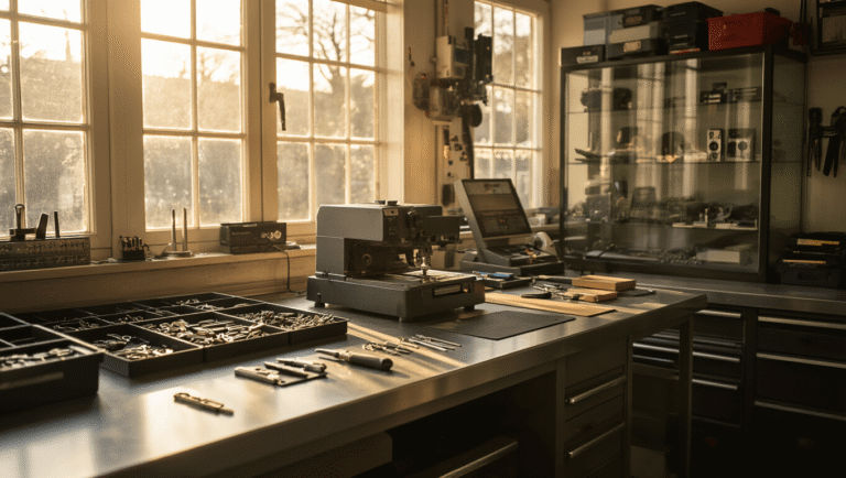 Slotenmaker in Amstelveen: Alles Wat Je Moet Weten Over Slotenservice Professionele slotenmakerij in Amstelveen met moderne gereedschappen en een geavanceerde sleutelsnijmachine, verlicht door warm ochtendlicht.