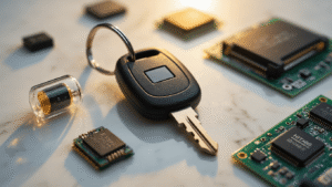Close-up van een moderne automotive transponder sleutel op een witte marmeren achtergrond, met een zwarte autosleutel en zichtbare transponderchip, omringd door elektronische componenten zoals glasbuis transponders en HITAG ID46 chips, verlicht door warm gouden uur licht en zacht LED accentlicht.
