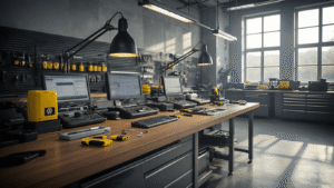 Professionele autosleutelservice werkplaats met moderne programmatuurapparatuur, een L-vormige werkbank van geborsteld aluminium, gele VW-sleutelhanger, chrome sleutelblanks en gereedschap aan de muur, belicht door warm halogeenlicht en natuurlijk ochtendlicht.