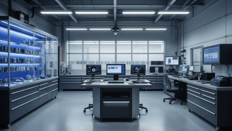 Volvo Sleutel Bijmaken: Alles Wat Je Moet Weten Hyperrealistisch interieur van een moderne Volvo-sleutelwerkplaats met industriële design, hightech programmeerstation, verlichte displaykast met sleutelmodellen, georganiseerde werkbanken en natuurlijk licht.