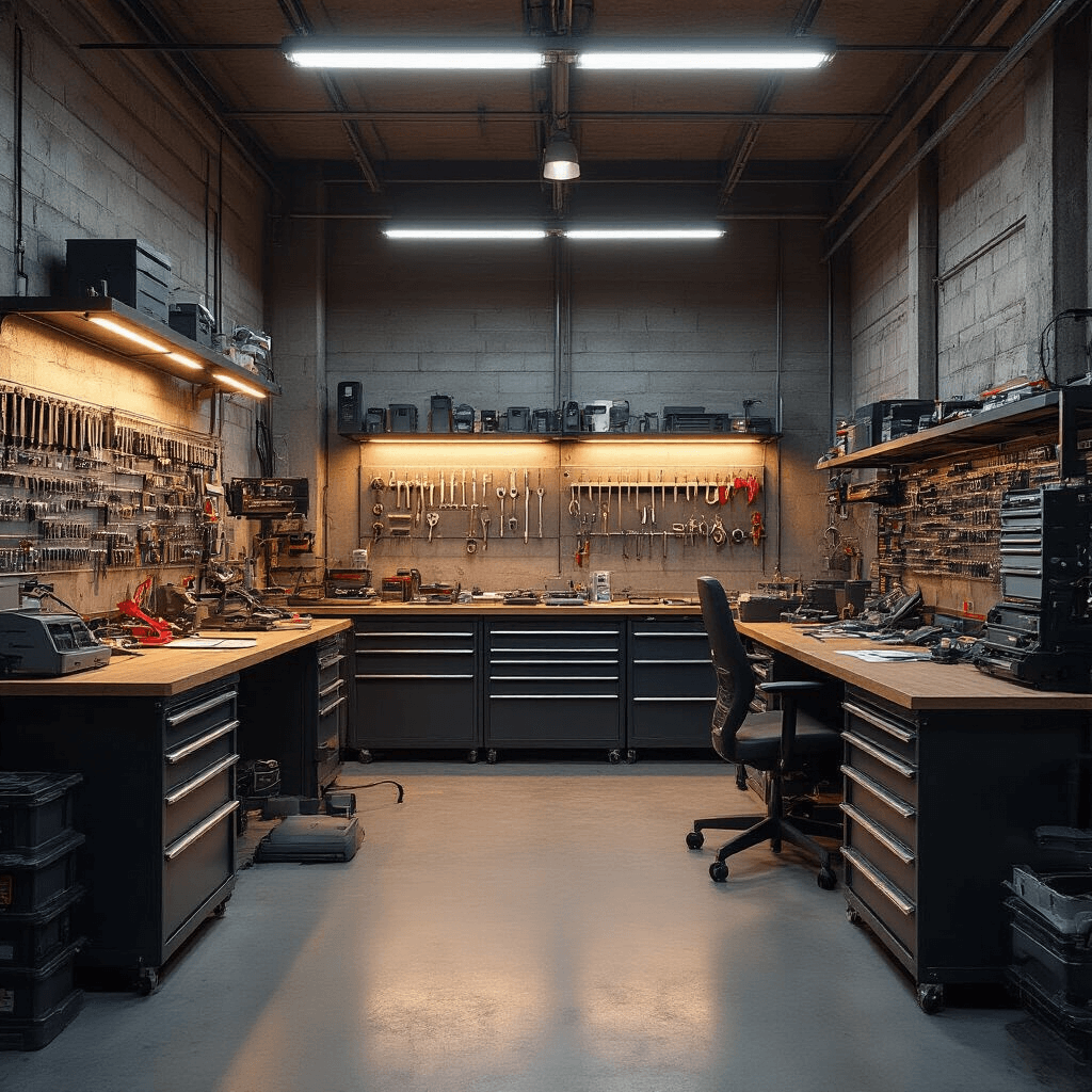 Autosleutel Bijmaken: Alles Wat Je Moet Weten Fotorealistisch interieur van een moderne sleutelservice werkplaats met een RVS werkbank, gereedschapskasten gevuld met transponder chips en stellingkasten vol handleidingen, schaduw van middaglicht en industriële TL-verlichting.