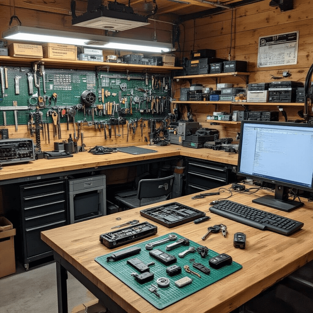 Autosleutel Bijmaken: Alles Wat Je Moet Weten Interieur van een compacte autosleutelwerkplaats met houten werkbanken, moderne technologie omringd door transparante organizers, en een verscheidenheid aan sleutels op een groene werkmat. Achtergrond met diagnosescherm en OBD-interface, verlicht door ochtendlicht door matglas ramen.