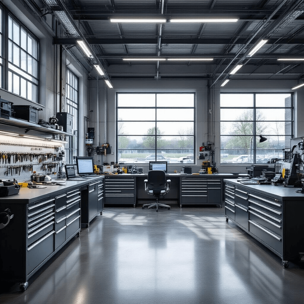 Mercedes Sleutel Programmeren: Alles Wat Je Moet Weten Fotorealistisch interieur van een moderne Mercedes sleutelservice werkplaats met industriële betonvloer, grote ramen die ochtendlicht binnenlaten en LED-verlichting. In het midden een RVS werkbank met OBD-diagnostiek apparatuur, laptop en sleutelprogrammeer-tools; omgevingen met wandkasten vol Mercedes sleutels en technische handleidingen, met een kleurenpalet van industrieel grijs en zilver-blauwe accenten.