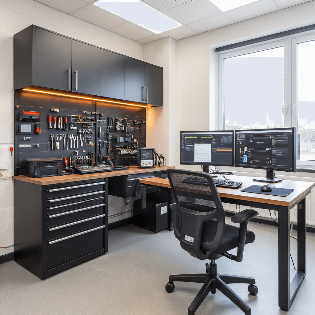 Mercedes Sleutel Programmeren: Alles Wat Je Moet Weten Professionele autosleutel-programmeer studio met ergonomisch L-vormig werkstation, warme LED-verlichting en natuurlijk daglicht, georganiseerd met high-tech apparatuur en Mercedes sleutelbehuizingen in zwart-grijs en oranje accenten.